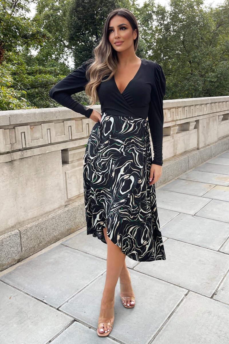 Black And Green 2 in 1 Marble Print Wrap Dress