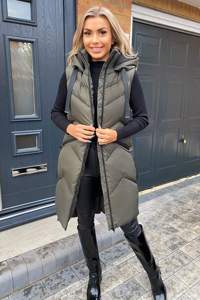 【acka】original long gilet Khaki Faux Fur Hooded Longline Padded Gilet – AX Paris