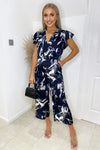 Navy Marble Print Wrap Over Frill Sleeve Jumpsuit