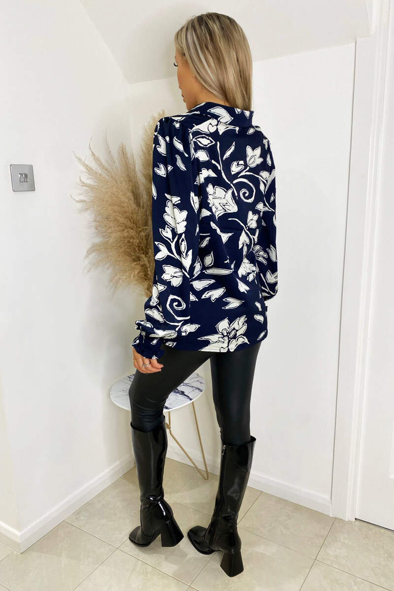 Navy and White Floral Printed Elasticated Cuff Shirt