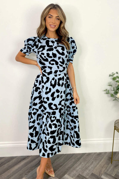 Blue and Black Animal Print Short Sleeve Midi Smock Dress  AX Paris