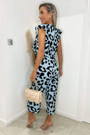 Blue Animal Print Frill Front Jumpsuit