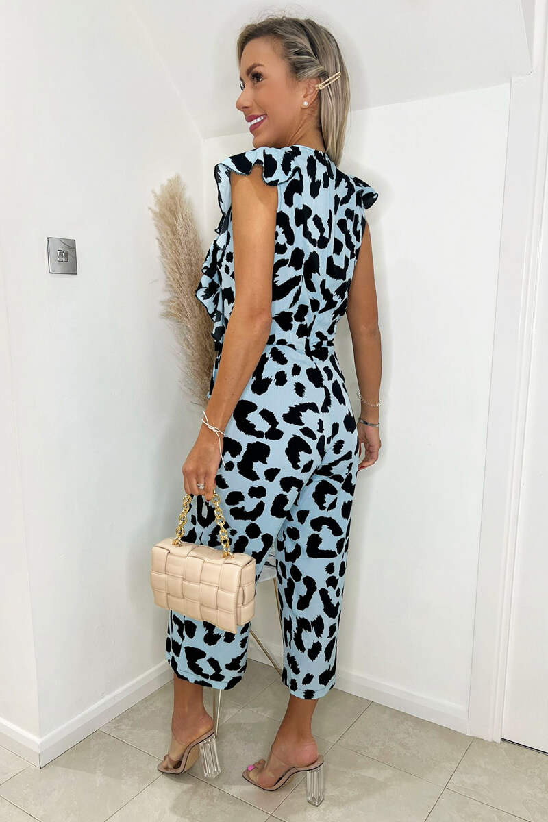 Blue Animal Print Frill Front Jumpsuit