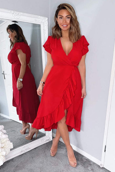 short red dress with sleeves Red Wrap Over Frill Hem Short Sleeve Midi Dress – AX Paris