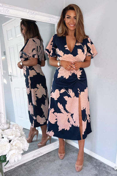 Navy And Blush Floral Print Bell Sleeve Midi Dress – AX Paris