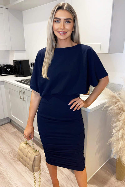 Navy Short Sleeve Side Ruched Midi Dress – AX Paris