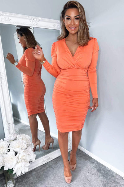 Peach Ruched Long Sleeve Cross Front Midi Dress – AX Paris