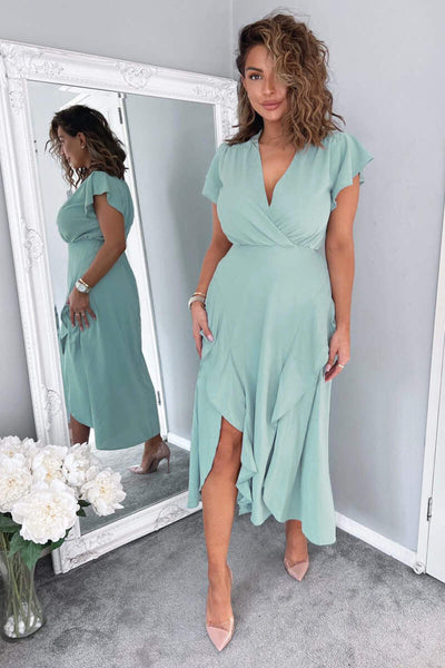 Multi Floral Printed Ax Paris Frill Dress Teal Frill Detail Double