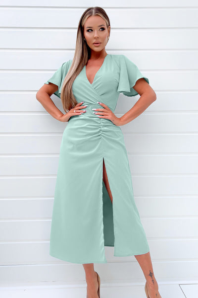 Duck Egg Ruched Split Leg Midi Dress – AX Paris