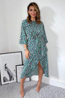 Navy Green And Pink Printed Wrap Tie Front Midi Dress