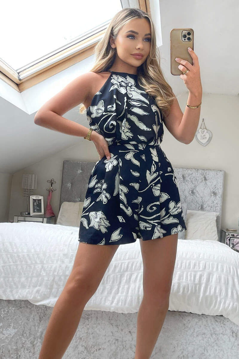 Navy and White Floral Print Playsuit