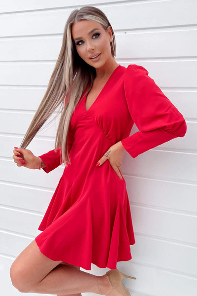 Red V-Neck Long Sleeve Skater Dress  AX Paris