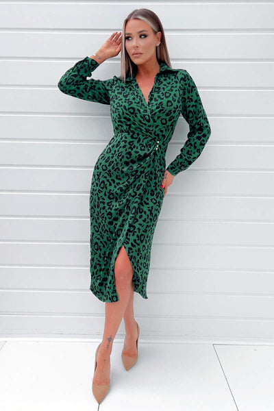 Green Animal Print Gold Button Gathered Midi Dress – AX Paris