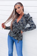Black And Blue Printed Belted Wrap Top