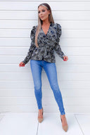 Black And Blue Printed Belted Wrap Top