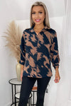 Brown and Navy Printed Ruched Sleeve Shirt