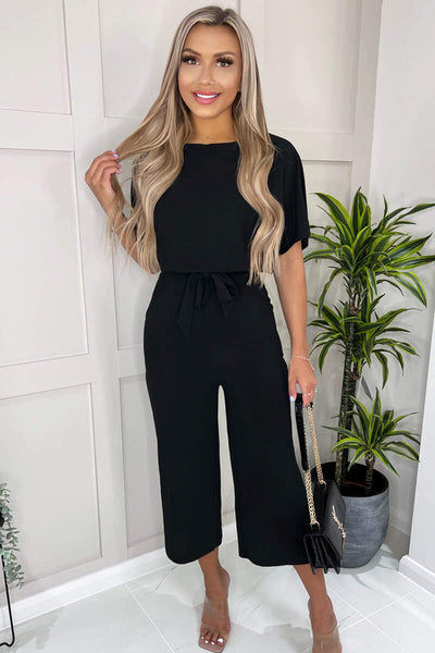 Black Tie Waist Short Sleeve Culotte Jumpsuit AX Paris