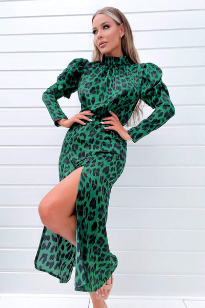 Green and Black Animal Print Puff Long Sleeve Midi Dress – AX Paris