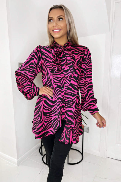 Pink Zebra Print Tie Neck Shirt – AX Paris