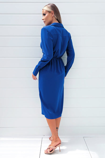 Cobalt Blue Long Sleeve Midi Dress With Shoulder Pads – AX Paris