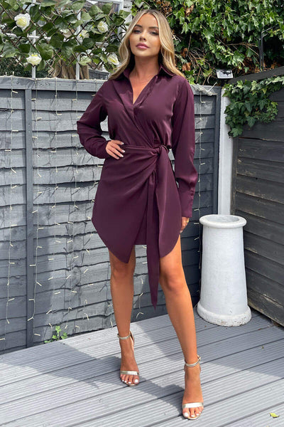 Plum Tie Wrap Long Sleeve Mini Dress – AX Paris