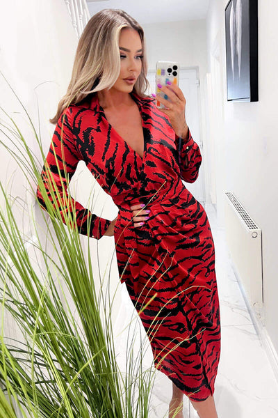 Red And Black Printed Long Sleeve Wrap Belted Midi Dress – AX Paris