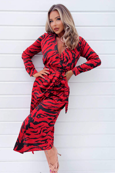 Red And Black Printed Long Sleeve Wrap Belted Midi Dress – AX Paris