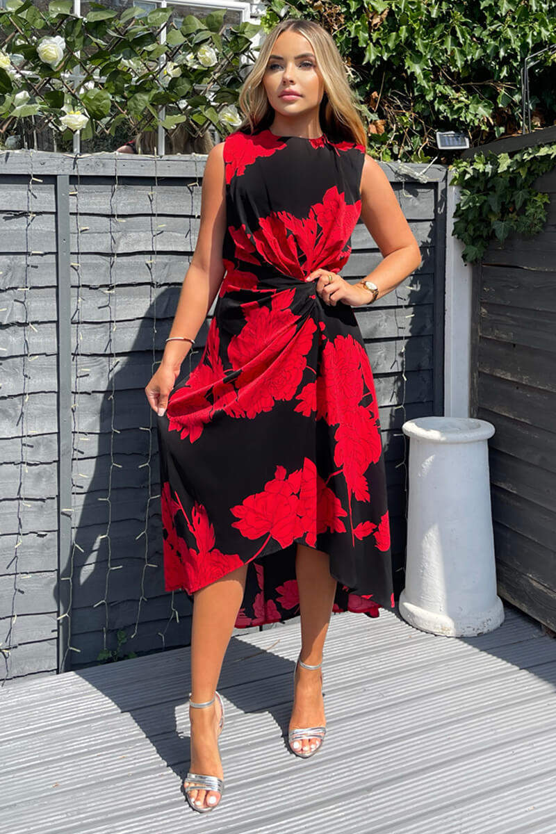 Black And Red Floral Print Wrap Midi Dress