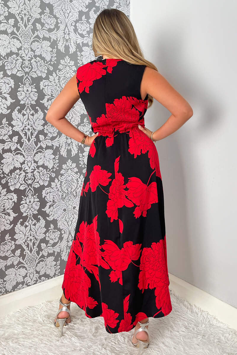 Black And Red Floral Print Wrap Midi Dress