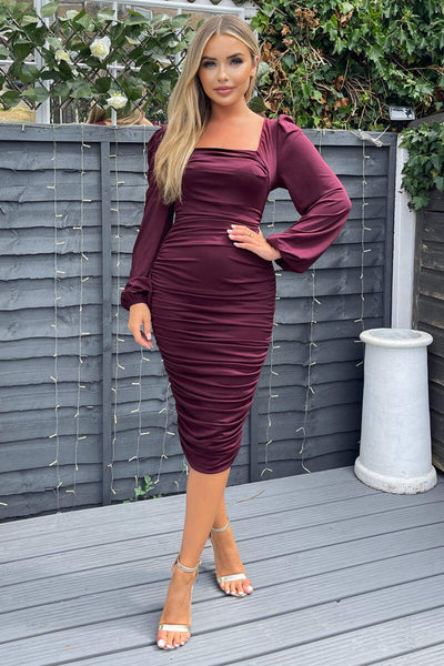 burgundy long sleeve midi dress Plum Square Neck Ruched Long Sleeve Midi Dress – AX Paris