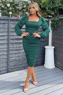 Teal Square Neck Ruched Long Sleeve Midi Dress