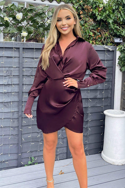 burgundy satin shirt dress Lisbeth Collared Shirt Dress Burgundy