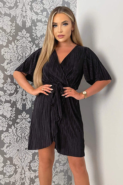 Black Wrap Top Belted Short Sleeve Plisse Mini Dress – AX Paris