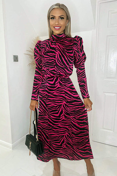 Pink Zebra Print Long Puff Sleeve Midi Dress AX Paris Pink Zebra Print Long Puff Sleeve Midi Dress AX Paris