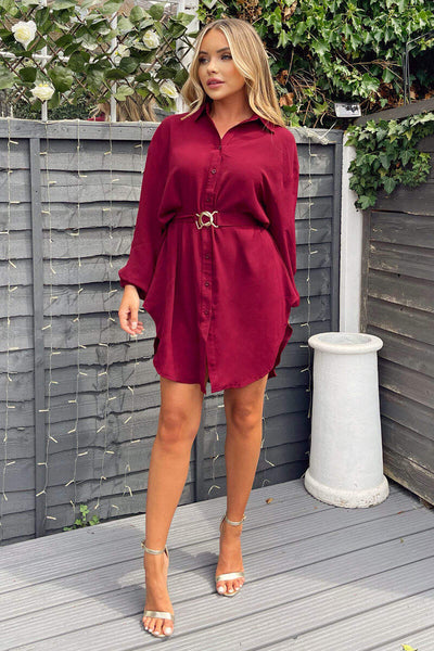 Wine Belted Long Sleeve Shirt Dress – AX Paris