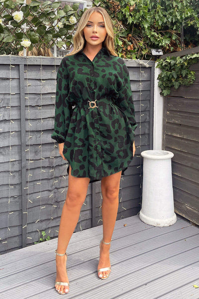 Green Leopard Print Belted Shirt Dress AX Paris