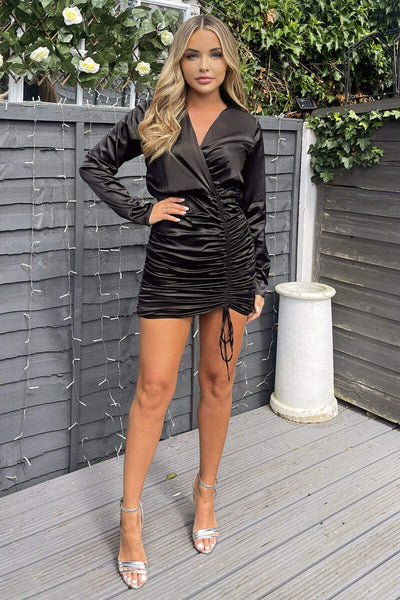 Black Satin Long Sleeve Wrap Top Ruched Mini Dress AX Paris Black Satin Long Sleeve Wrap Top Ruched Mini Dress AX Paris