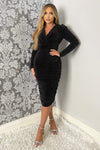 Black Shimmer Long Sleeve Wrap Top Ruched Midi Bodycon Dress