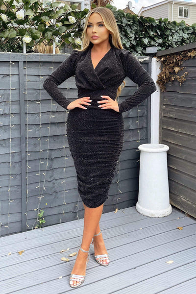 Black Shimmer Long Sleeve Wrap Top Ruched Midi Bodycon Dress – AX