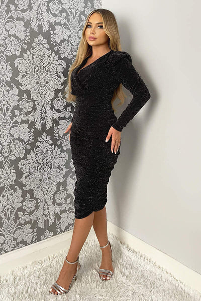 Black Shimmer Long Sleeve Wrap Top Ruched Midi Bodycon Dress – AX Paris