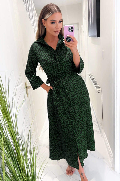 Green Animal Print Belted Midi Shirt Dress AX Paris