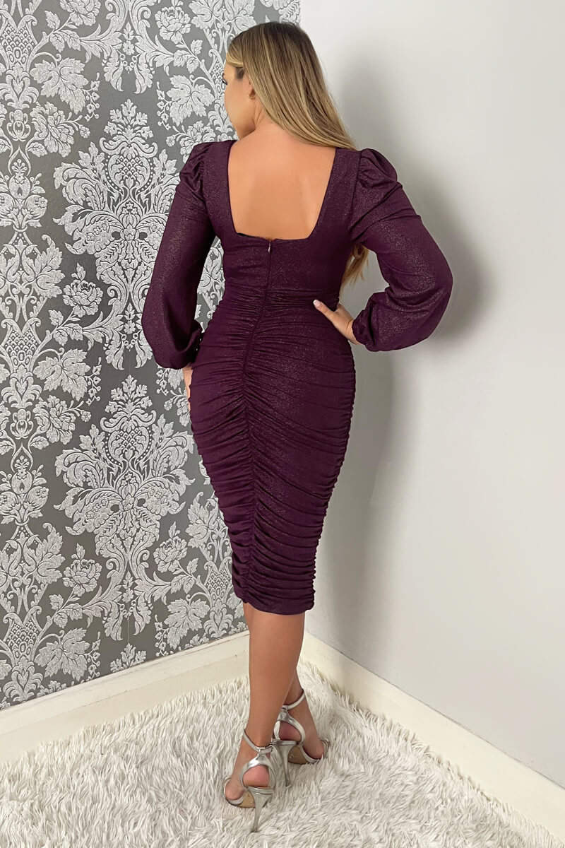 Plum Square Neck Long Sleeve Ruched Shimmer Midi Dress