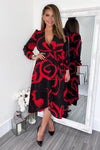 Black and Red Long Sleeve Wrap Midi Dress