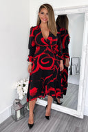 Black and Red Long Sleeve Wrap Midi Dress