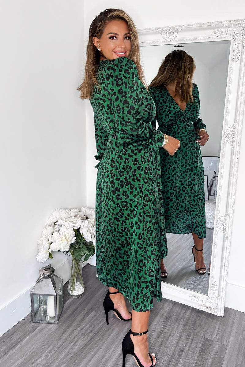 Green And Black Animal Printed Wrap Over Midi Dress