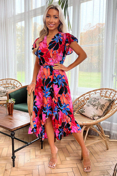 Multi Floral Printed Wrap Over Top Frill Hem Midi Dress – AX Paris