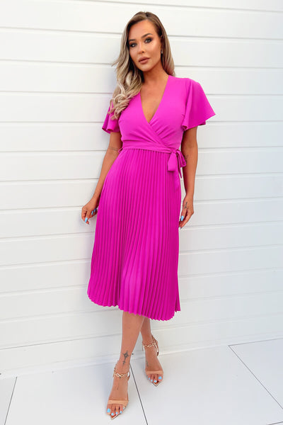 Hot Pink Pleated Midi Dress with Tie Waist – AX Paris Hot Pink Pleated Midi Dress with Tie Waist – AX Paris