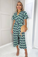 Green and Navy Printed Tie Waist Jumpsuit