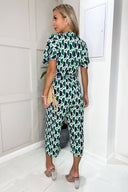 Green and Navy Printed Tie Waist Jumpsuit