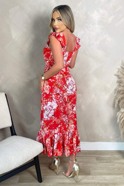 Red Floral Printed Frill Strap Midi Dress – AX Paris
